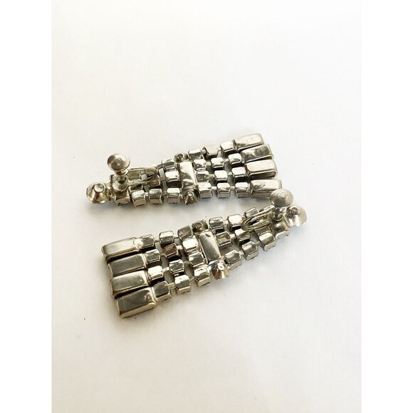 Vintage Rhinestones Clip On Dangles Earrings Light Blue Silver Tone Long Drops - Picture 3 of 4